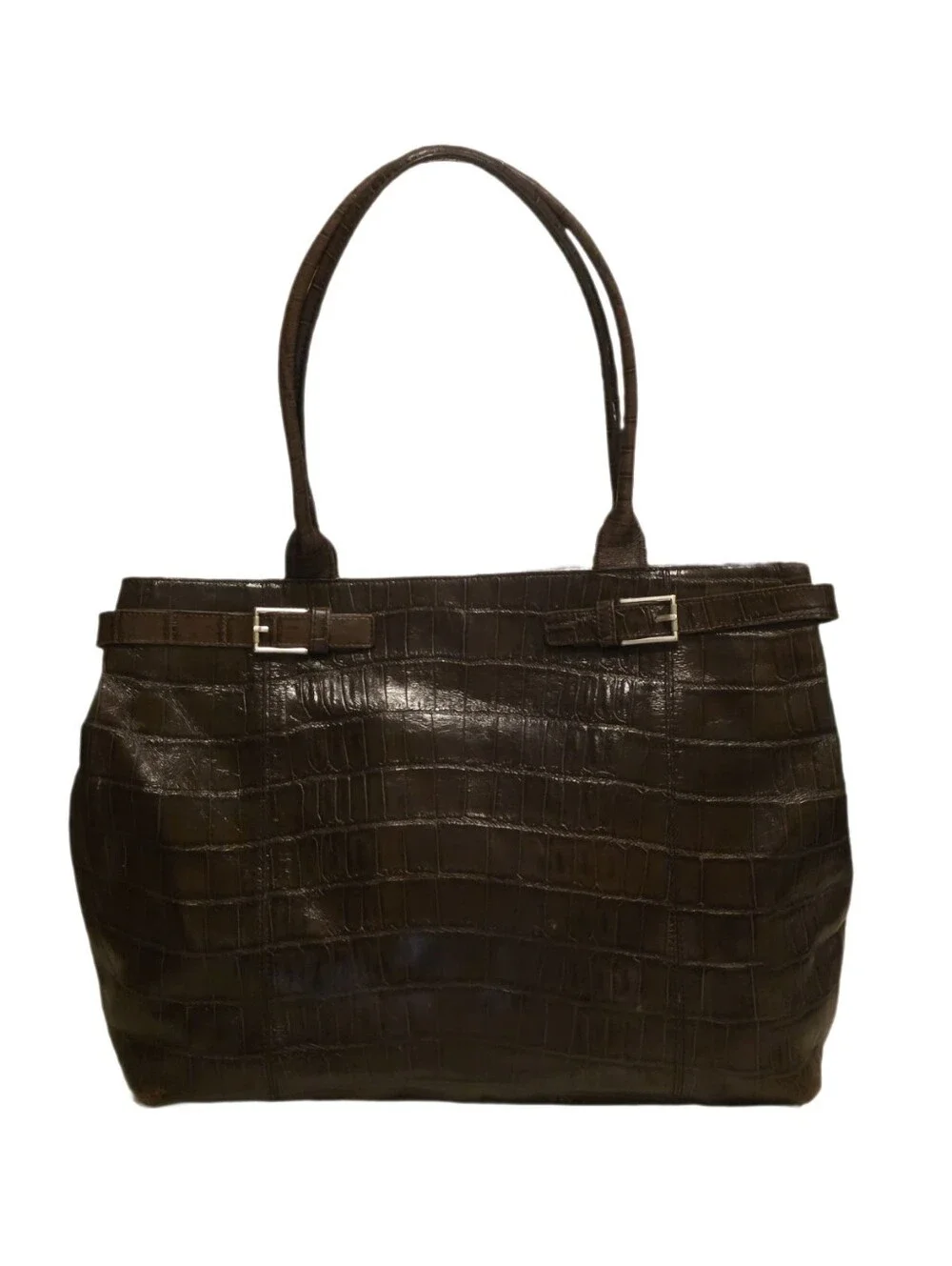 Vintage Kenneth Cole New York Espresso Croc Embossed Leather Tote Belted Buckle